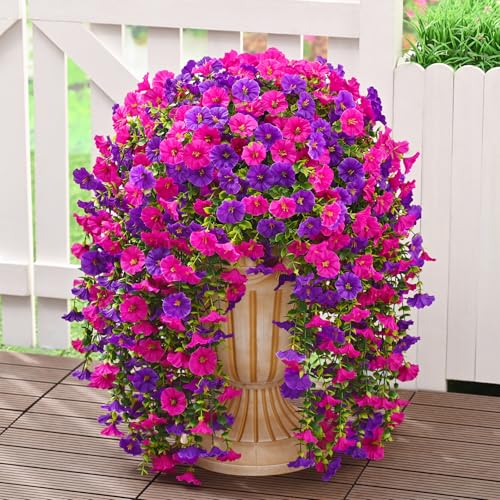 Dolicer 8 Packs Look Real Artificial Flowers for Outdoors, Fake Artificial Hanging Flowers for Outdoors Realistic UV Resistant Hanging Flowers Silk Petunia Faux Flowers for Porch Patio(Purple+Fuchsia) - color: Purple+fuchsia, size: 8 packs