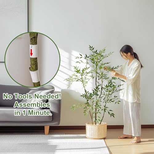 4.6ft Faux Bamboo Tree Artificial Nandina Tree Artificial Indoor Plants Realistic Fake Potted Tree with 800+ Leaves, Cement Planter - Home Office Decor Perfect for Housewarming Gift Non-Toxic - color: Green, size: 4ft 7in