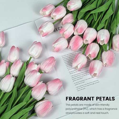 30 PCS Artificial Tulips Real Touch Tulips 13.5inch Long Stem Fake Flowers Silk Flowers for Spring Easter Mother's Day Decorations（Light Pink） - color: Light Pink