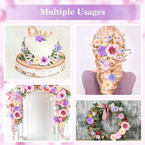 Cindeer 217 Pcs Mini Silk Flower Heads Bulk, Small Fake Flowers for Crafts Artificial 3D Loose Fabric Flower for Crafts DIY Wedding Party Hair Cap Dresses Decorations(Purple Series) - color: Purple Series