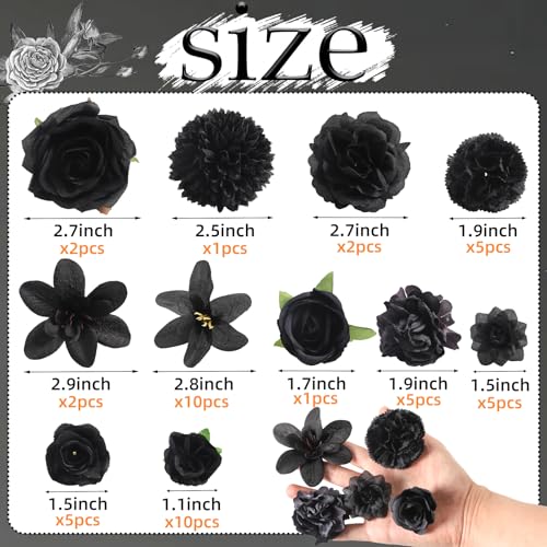 rongflower Fake Flower Heads for Crafts - Black Silk Artificial Roses, Peonies, Daisies & Floral Heads (48-Pack) for Wedding Decor, Graduation Caps, Baby Showers, Halloween Decor, and Home Decoration - color: Black