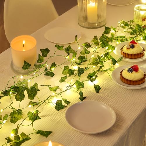 Vine with Fairy Lights for Room Decor, 33ft 100 LED Fake Ivy String Light Battery Operated Ivy Curtain Lights for Dorm, Wedding, Party, Garden, Wall, Patio,Table Decor, Indoor, Outdoor(Warm White)