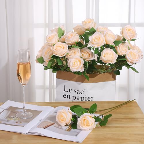 36 Pcs Champagne Artificial Roses with Long Stems, Fake Silk Rose Artificial Flowers Bulk for Bridal Wedding Bouquet Centerpiece Ball Arrangement Party Decor - color: Champagne