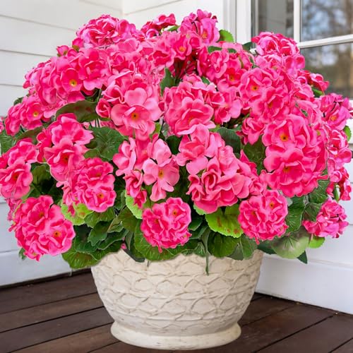 TURNMEON Artificial Geraniums Flowers for Outdoors Summer Decoration, 4 Bundles Fake Flowers Silk Pink Flowers UV Resistant No Fade Faux Plants for Planter Gardens Table Porch Indoor Cemetery Decor - color: Pink