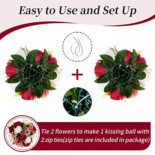 BLOSMON Wedding Flowers Centerpieces for Tables: 10 Pcs Burgundy & Dusty Rose & Creamy White Fake Roses Kissing Balls Decoration - Artificial Silk Floral Arrangements for Home Party DIY Decor - color: Burgundy & Dusty Rose & Creamy White