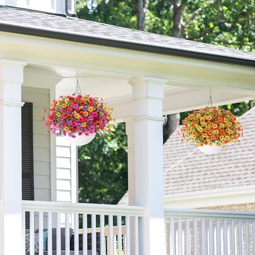 HyeFlora Artificial Faux Hanging Flowers Plants Basket for Outdoor Outside Porch Spring Decoration, Fake Silk Hotpink Daisy UV Resistant Look Real in Planter for Home Patio Balcony Garden - color: Rose Red
