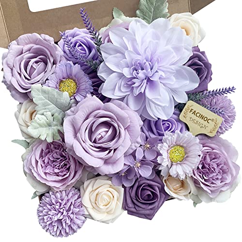 FACINOC Roses Artificial Flowers Purple Bouquets Box Set Fake Flower with Stems Bulk for DIY Bridal Wedding Shower Decorations Faux Floral Arrangements for Party Table Centerpieces Home Decor Indoor - color: Purple, Lavender, Violet
