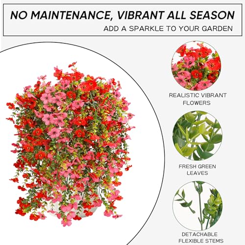 6 Bundles Artificial Flowers for Outdoors, UV Resistant Fake Hanging Flower, Realistic Silk Flowers for Indoor Outside Garden Patio Balcony Farmhouse Porch (Red, Fuchsia) - color: Red&rose Red