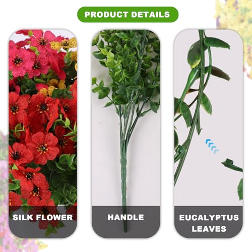 ADXORA 12 Bundles Artificial Flowers,Faux Plants for Spring Summer Decoration, UV Resistant Colorful Violets Eucalyptus for Outside Home Planter Porch Patio Yard Decor - color: Purple,red,yellow,hot Pink