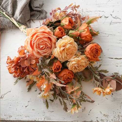 17-inch Artificial Fake Flowers Silk Flower Arrangements Faux Bouquets Consists of Ranunculus, Wild Chrysanthemums, Roses, Hydrangeas and Some Filler Greens - color: Sunset Blush