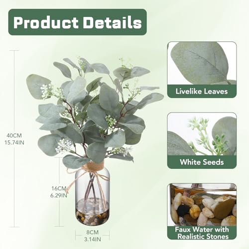 15.74” Artificial Eucalyptus Stems in Glass Vase with Faux Water & Natural Stones, Lifelike Fake Greenery for Modern Farmhouse Home Decor, Bathroom Decor, Office Desk Centerpiece - color: Sl-0975