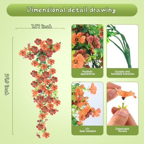 Artificial Hanging Flowers for Outdoors, 6PCS Faux Silk Artificial Flowers for Outdoors, UV Resistant Fake Flowers, No Fade Trailing Greenery, Decor for Home Porch Patio Balcony Garden Yard - color: Orange Brown