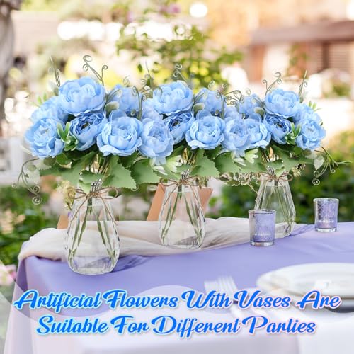 Zeyune 37 Pack Artificial Peonies Flowers with Bud Vase Bulk 24 Bundles Silk Peonies Bouquets 12 Plastic Clear Vase with 1 Rope Fake Flowers for Table Centerpiece Vases(Blue,Perfume) - color: Blue, style: Perfume