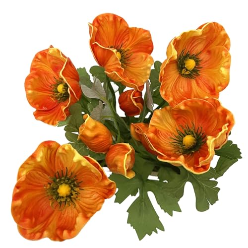 5Pcs Artifical Real Touch PU Anemone Flower Bouquet Room Home Decor (Orange) - color: Orange
