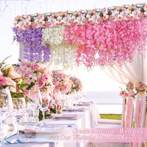 40 Pack Pink Purple White Wisteria Hanging Flowers, Fake Hanging Flowers for Decoration,Vines for Bedroom, Wisteria Flower Garland for Home ,Party,Wall,Wedding Decoration,Baby Shower(3.6 Ft/Pcs) - color: White & Pink & Purple, size: 40 Pcs