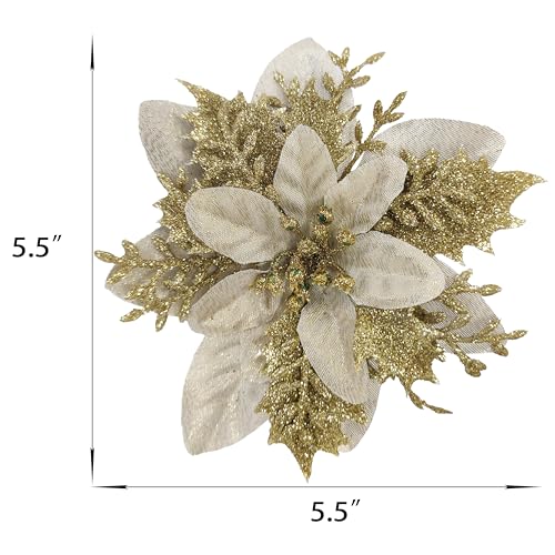 30Pcs Gold Poinsettias Flowers Artificial with Clips, 5.5" Glitter Artificial Flower Poinsettia Decorations Christmas Tree Flower for Xmas Wreath Garland Home Decor (30, Gold)