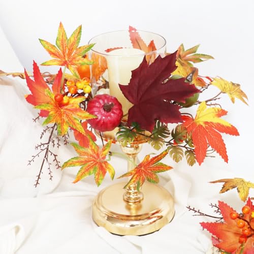 Fall Candle Ring Small Wreath Artificial Maple Leaves Pumpkin 13” for Thanksgiving Halloween Autumn Harvest Festival Farmhouse Table Decor Gift - color: Fall