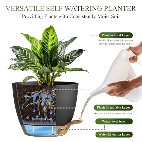 Self Watering Pots with Drainage Holes, 3 Pack 12/10/8 Inch Plant Pots with Water Level Indicator Deep Reservoir, Large Plastic Planter for Indoor Outdoor Plants - Black Brown - color: Black Brown, size: 12+10+8 Inch Set