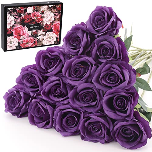 15Pcs Purple Roses Artificial Flowers Fake Roses Long Stem Velet Rose Silk Flowers for Home Wedding Decoration (Round Roses,Pure Purple) - color: Round Roses,pure Purple 15p