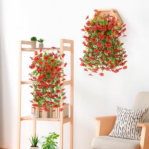 INQCMY 2Pcs Artificial Fake Hanging Flowers for Outdoors UV Resistant Artificial Plants for Spring Summer Decor Look Real Faux Flowers for Outside Home Planter Porch Patio Decor - color: Red