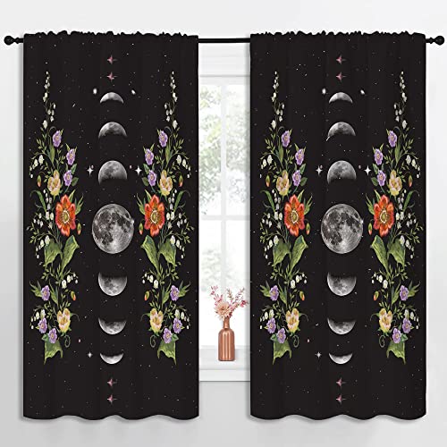 Boho Floral Flower Rod Pocket Blackout Curtains for Boy Girl Bedroom, Moon Phase Moonlit Garden Witchy Gothic Aesthetic Energy Efficient Home Window Drapes for Living Room Noise Reducing, 55x63 inch - color: Boho Floral Flower-001, size: 55"W x 63"L (Pack
