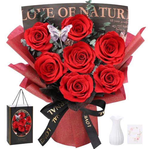 Casaido Preserved Flowers for Delivery, 7 Red Roses Bouquet, Mothers Day Rose Gifts for Women, Valentines Rose Gifts for Mom Wife Girlfriend, Forever Real Flowers for Christmas Birthday Anniversary - color: Red Rose