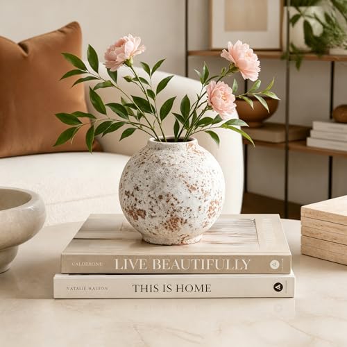 Ceramic Flower Vase, Small Round Decorative Vase 5.5 Inches, Handmade Textured Vase for Flowers, Farmhouse Home Decor, Table Centerpiece, Living Room Shelf Decor - color: Brown