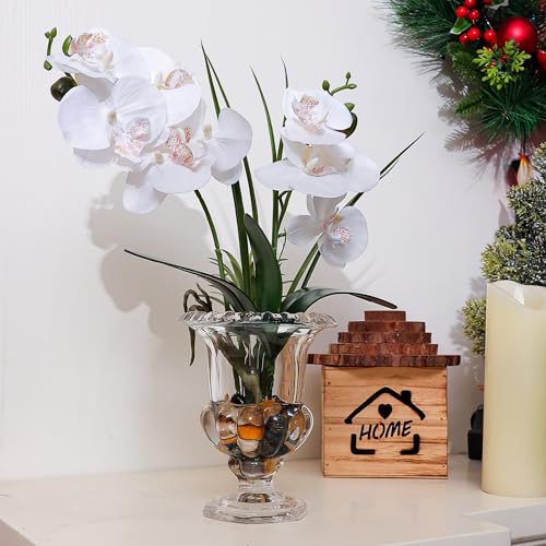 Jusdreen Artificial Orchid Centerpiece with Glass Vase, 14.5 Inch Lifelike Phalaenopsis Bonsai for Home Office Table Decor, White Orchid Arrangement with Potting - color: Wine Glass-white