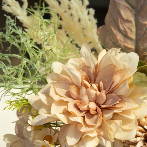 Fake Flowers with Vase Silk Dahlia Artificial Flowers in Vase Faux Hydrangea Flowers Arrangements with Vase for Home Office Decoration Dining Table Centerpiece (Coffee) - color: Coffee