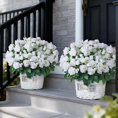 Juxdp 2 Set of Artificial Rose Topiary Trees - Faux Silk Flower Potted Plant, UV Resistant Fake Outdoor Rose Bush for Front Door, Farmhouse, Porch, Garden Decor (White) - color: White