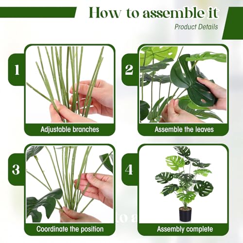 Giegxin 4 Pack Fake Plants 28'' Large Tall Artificial Monstera Faux Potted Tropical Faux Monstera Plants 18 Decorative Split Leaves Sage Green for Indoor Outdoor Front Porch Home Tree Decor