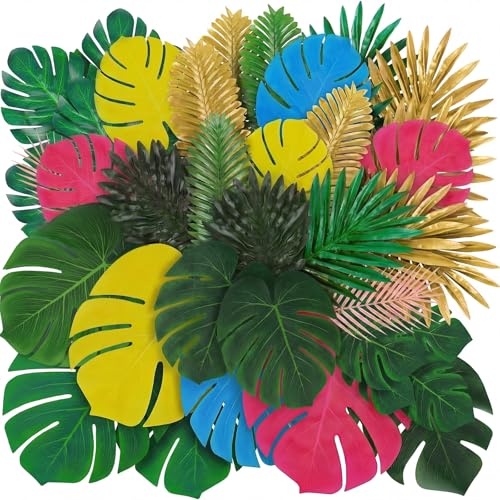 84 Pcs Artificial Palm Monstera Leaves Colorful Set Tropical Fake Leaves Monstera Green Pink Yellow for Luau Hawaiian Theme Party Table Decoration Beach Wedding Birthday Summer