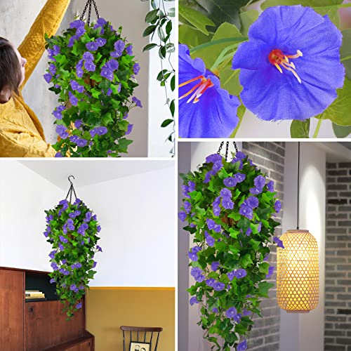 Artificial Fake Hanging Flowers Plants Basket for Spring Outdoor Outside Decoration, UV Resistant Faux Plastic Fabric Flower Morning Glory Wisteria Petunia for Garden Porch Patio Balcony Yard Decor - color: Blue