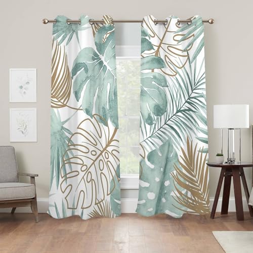 Renaiss Tropical Leaf Blackout Curtains, Green Palm Monstera Leaf Thermal Insulated Bedroom Window Curtains, Botanical Plants Window Curtains for Kitchen, 45" L x 29" W 2 Panel Set - color: Leaf, size: 29"W x 45"L (Pack of 2)