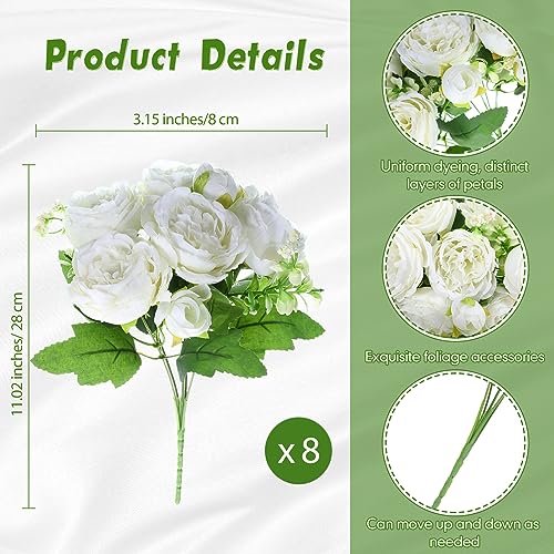 Geosar 8 Bundles Artificial Peonies Flowers Fake Silk Peony Bouquet Faux Peonies Flowers Bulk for Decoration Vase Floral Arrangements Wedding Party Table (White) - color: Green, White