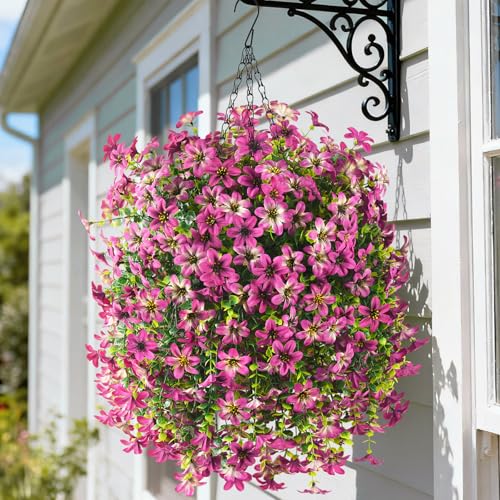 Artificial Hanging Baskets Outdoor, 4 Bundles Artificial Hanging Flowers Outdoors Spring Summer Decoration, No Fade Realistic Fake Hanging Baskets for Porch Patio Balcony Home Yard Decor - color: Purple Red Gradient Red