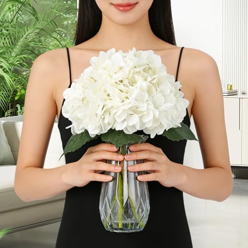5-Piece Artificial Hydrangea Arrangement in Glass Vase - Fade-Resistant Silk Flowers with Faux Water for Table Centerpieces - color: Multi-hydrangea Stem in Vase, size: White