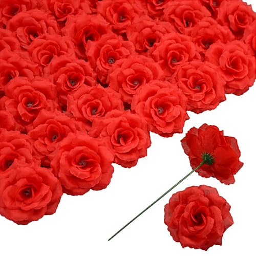 Rose Artificial Flowers, 50Pcs Red Roses Head Flowers Bulk with Stem, 3 Inches Silk Rose Fake Flower Head for Wedding Party Home Decor DIY Baby Shower Centerpieces Tables Decoration(Red) - color: Red