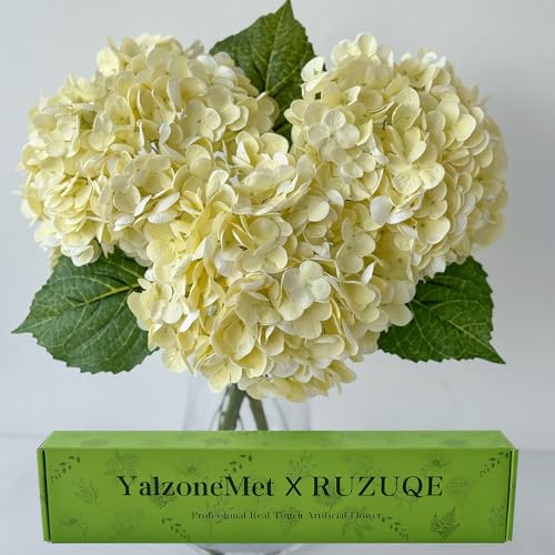 YalzoneMet 3 PCS Beige Creamy Hydrangea Artificial Flowers 21 inches Real Touch Faux Latex Hydrangea Flowers for Wedding Tables Centerpieces Fake Flowers for Party Home Kitchen Decor - color: Beige Creamy
