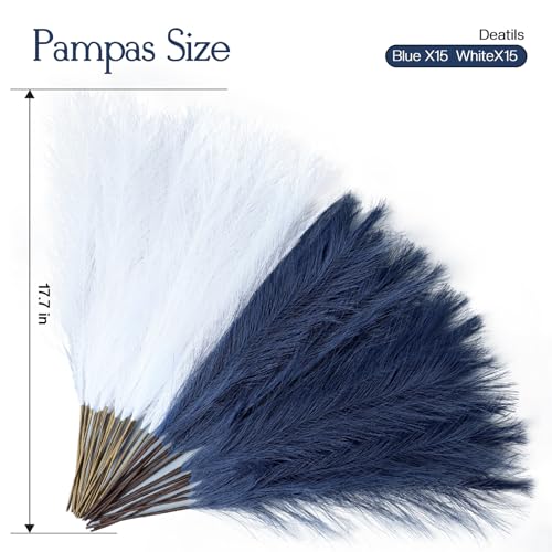 Ureymx Faux Pampas Grass Decor 17.7 Inch 30pcs, Artificial Pompas Grass Bulk Artificial Dried Flower Small Vase Filler for Boho Home Wedding Decoration (Blue/White) - color: Blue/White, size: 17 Inch 30 Pcs