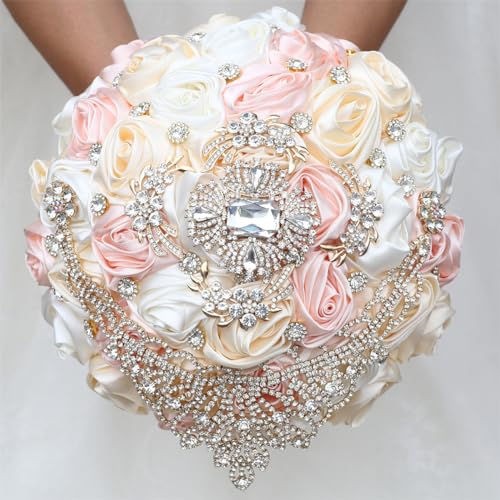 Handmade Satin Rose Water Drop Bridal Bouquet,8.7inch Crystal Wedding Round Tossing Bouquet,Jewelry Proposal Bridesmaid Bouquet Groom Corsage Bride Wrist Flower Ivory (Champagne Ivory) - color: Champagne Ivory