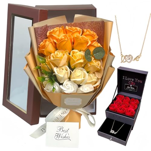 EIGHTOWN Roses Bouquet Artificial Flower - Preserved Orange Rose Flowers with Love Necklace for Her - Unique Gifts Valentine's Day, Mother's Day, Thanksgiving, Birthday, Anniversary - color: Orange