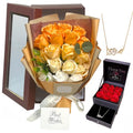 EIGHTOWN Roses Bouquet Artificial Flower - Preserved Orange Rose Flowers with Love Necklace for Her - Unique Gifts Valentine's Day, Mother's Day, Thanksgiving, Birthday, Anniversary - color: Orange