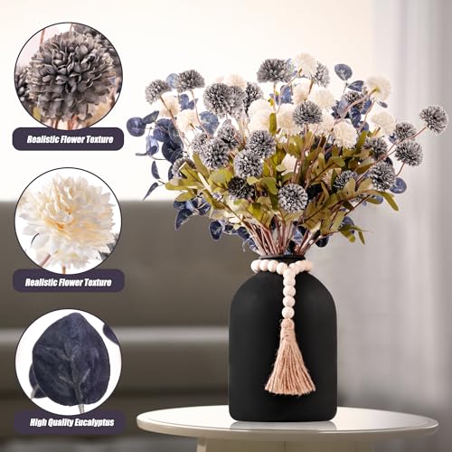 20''H Fake Flowers in Large Vase for Centerpiece Table Decorations with 10Pcs Fake Mums Flowers Eucalyptus Stems Faux Pompon Kiku Flowers Arrangement for Home Decor (Blue/Black Vase) - color: Blue/Black Vase