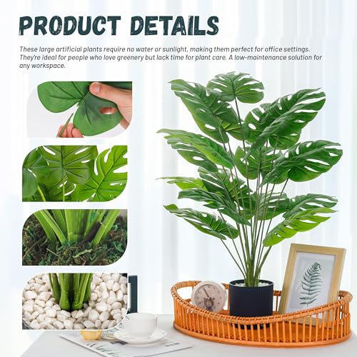 Der Rose 28" Black Pot Fake Monstera Plants, Large Artificial Potted Plants for Indoor & Outdoor Floor Front Porch Modern Decor - size: 28"-BLACK