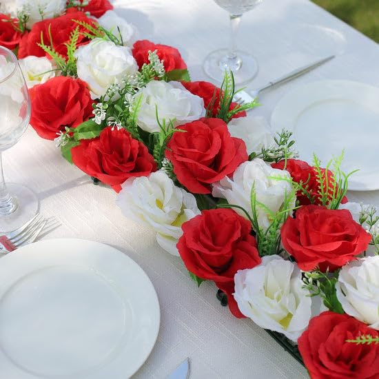 Tableclothsfactory 6 Pack Red Ivory Silk Rose Flower Panel Table Runner, Artificial Floral Arrangements Dining Table Decor - 20"x8"
