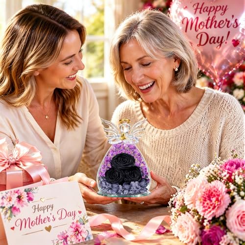 Beferr Gifts for Mom Birthday Gifts for Women, Fresh Flowers for Delivery Forever Preserved Rose in Glass Angel Figurine, Anniversary Christian Real Rose for Grandma Wife Mother from Daughter Son - color: O Black & Purple
