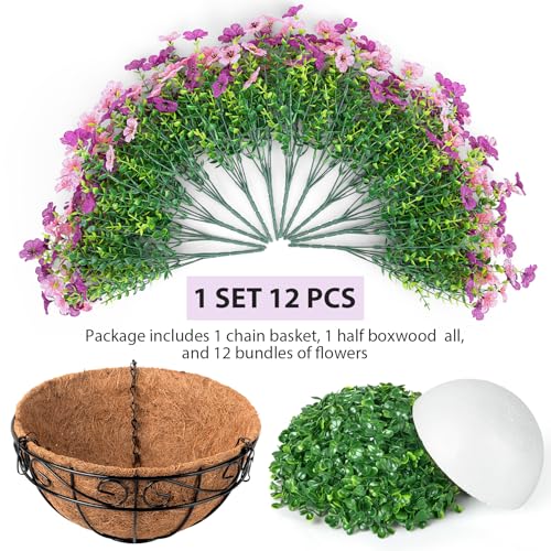 Artificial Fake Hanging Flowers Plants Basket Outdoors, Faux Silk UV Resistant Look Real Daisy Eucalyptus for Spring Summer Garden Porch Home Patio Balcony Yard Decorations, Pink Purple - color: Purple and Pink