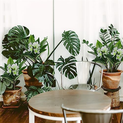 Crowye 10 Pcs Safari Decorations Include 2 Artificial Plumeria Frangipani Flower Bouquets 4 Artificial Palm Leaves with Faux Stems Tropical Plant Leaves 4 Fake Monstera Leaves Safari Leaves for Luau
