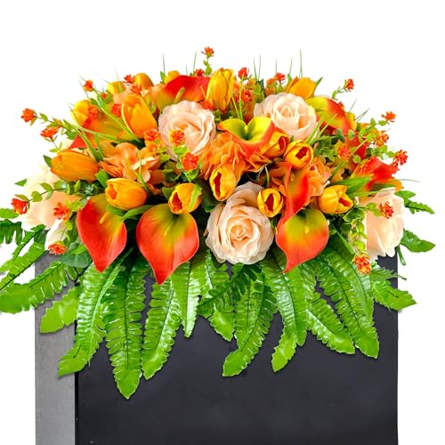 FLOWERIA Artificial Cemetery Flowers - Outdoor Grave Saddle for Headstone Decorations with Orange Roses Tulips - color: Orange, size: Saddle